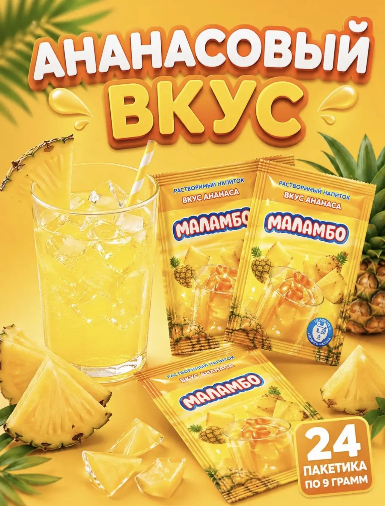 Напиток сухой безалкогольный быстрорастворимый "Маламбо" (со вкусом ананаса) 9г*24шт*24бл