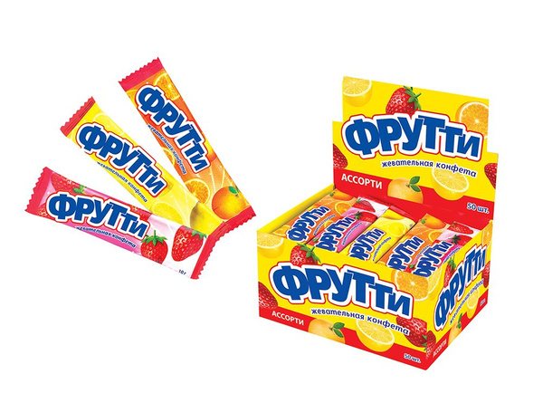 Жевательная конфета со вкусом апельсина, клубники, лимона "Фрутти", в флоупаке, дисплей-бокс, 10гр*50шт*10бл СС-058