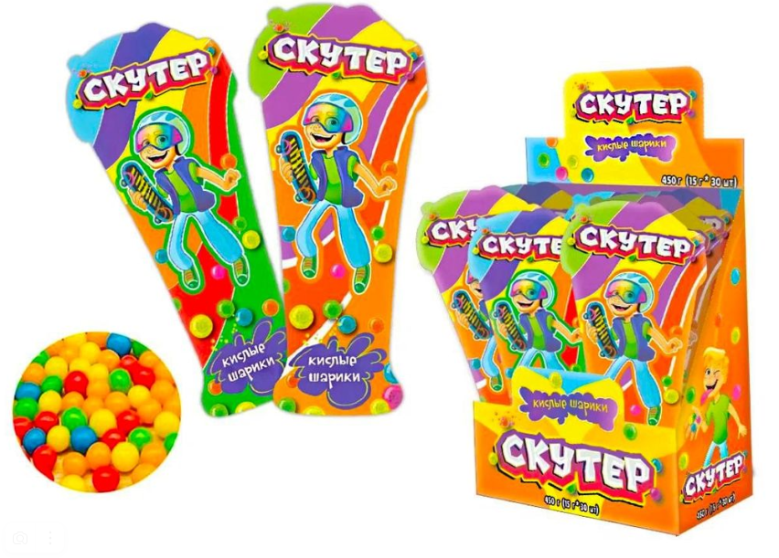 Конфета сахарная "Скутер" кислые шарики 12*30*15гр