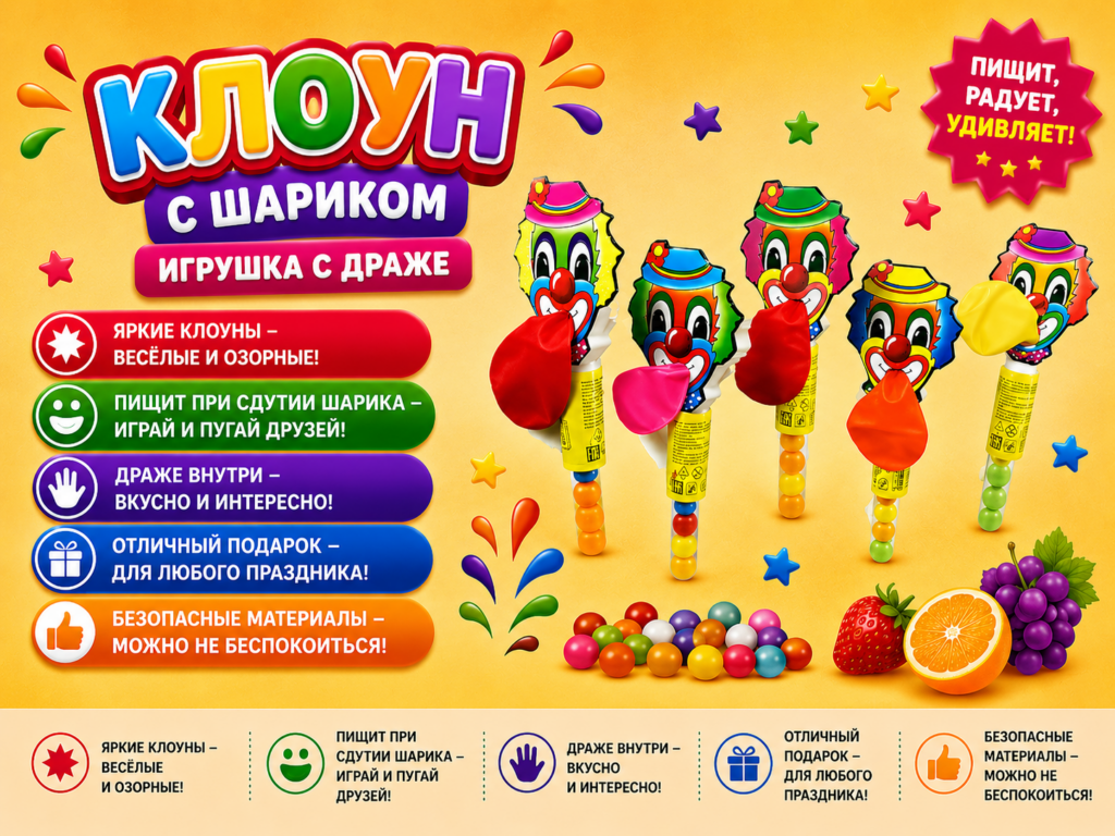 Игрушка Поиграй-ка! со вкусом® (Клоун с шариком) с сахарным драже 2г*30шт*24бл