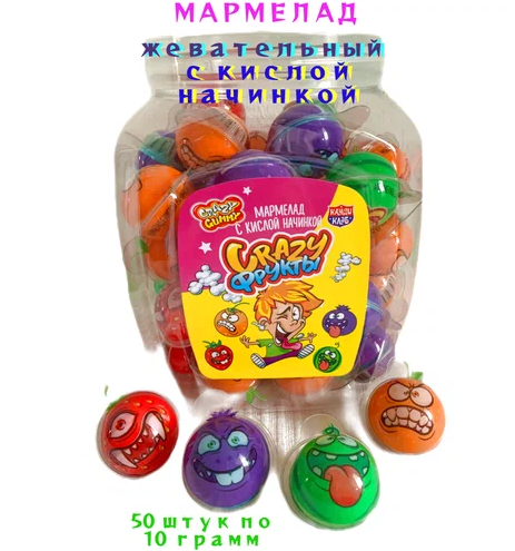 Мармелад с кислой начинкой "Безумные / Crazy Фрукты" ассорти 10гр*30шт*20 банок