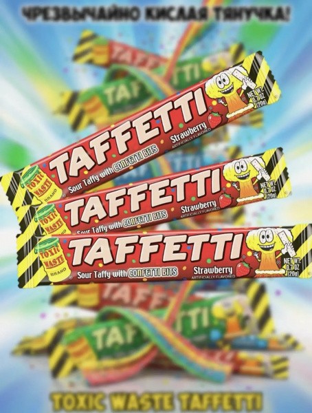 Жевательная конфета "Токсик Востл Таффетти Клубника / Toxic Wastle Taffetti Strawberry" 20гр*24шт*8бл