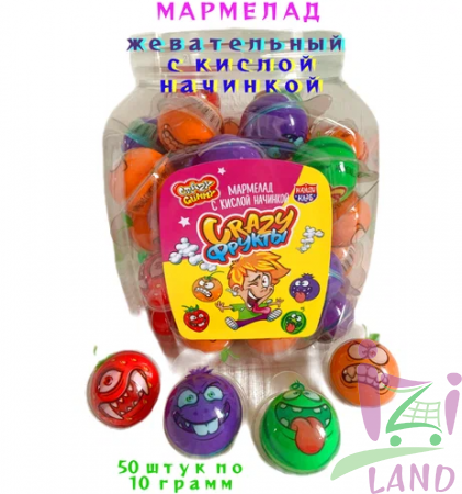 Мармелад с кислой начинкой "Безумные / Crazy Фрукты" ассорти 10гр*30шт*20 банок